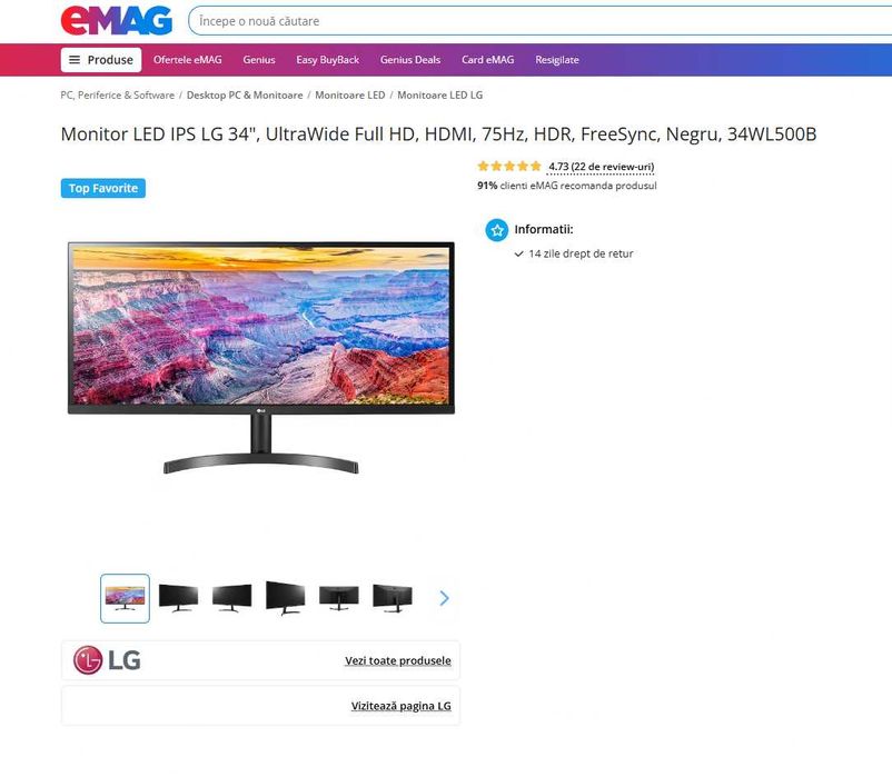 Vând monitor LG 34 inch Ultrawide 75Hz FreeSync