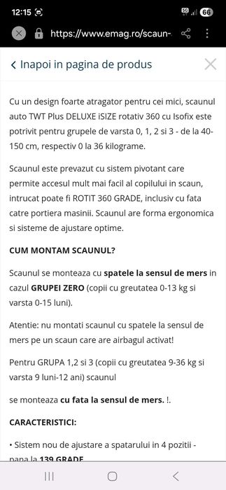 Scaun auto cu isofix, rotativ 360°, poziție somn, de la 0-36 kg
