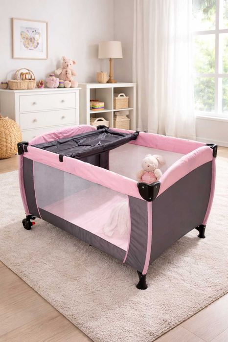 Детский манеж складной с сумкой для переноски ( Серо-розовый)