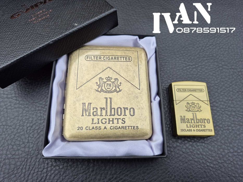 Табакера от месинг и газова запалка  комплект  Marlboro