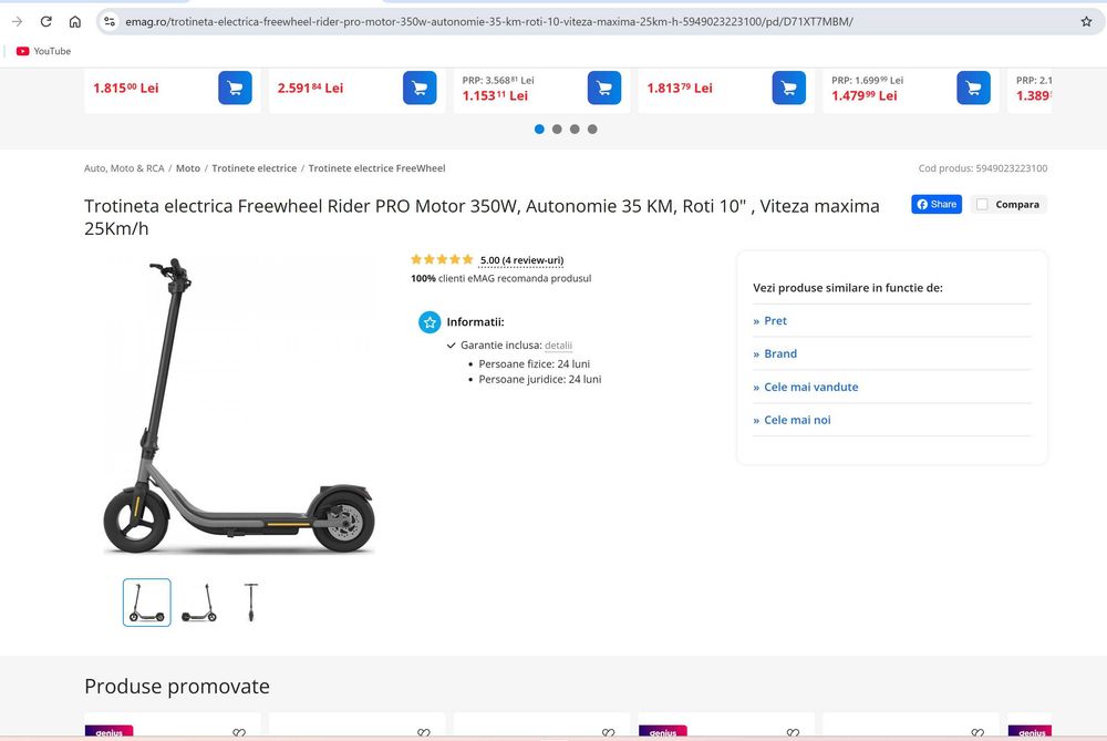 Trotineta electrica adulti, FreeWheel Rider Pro, motor 350 W, viteza maxima 25 km/h, autonomie 35 km, roti 10 inch, pliabilă