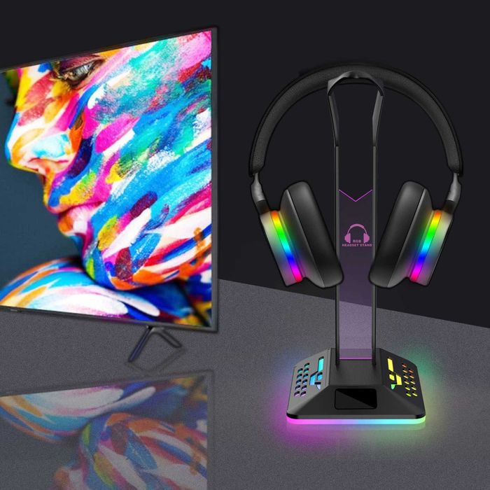 Suport casti gaming, Iluminare RGB, Design Premium, Negru