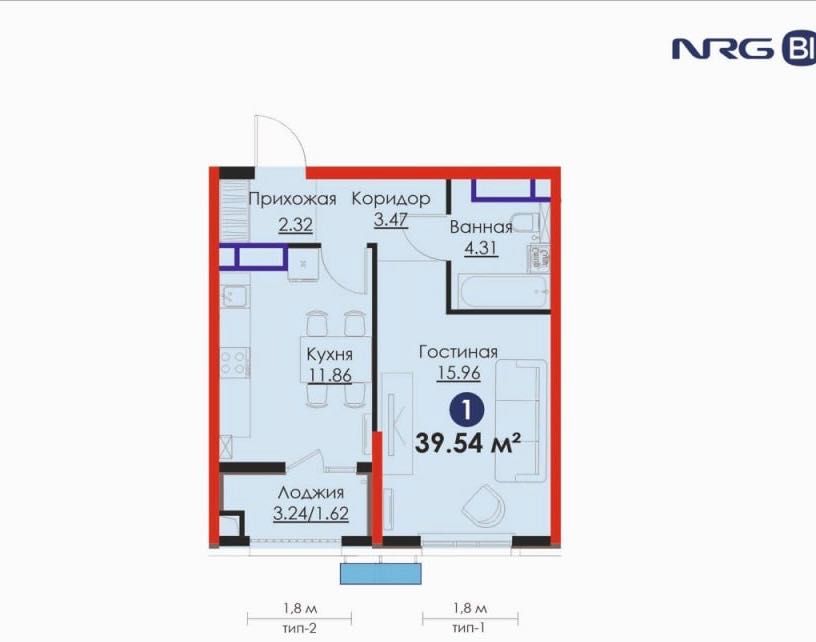 1-комнатная 39.54 м² — ЖК BI Sad’O Comfort, Nrj, Яшнабадский район