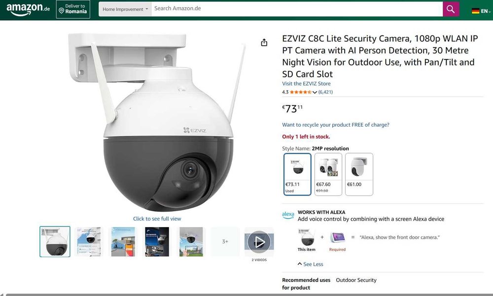 Cameră de securitate EZVIZ C8C Lite, cameră IP PT WLAN 1080p