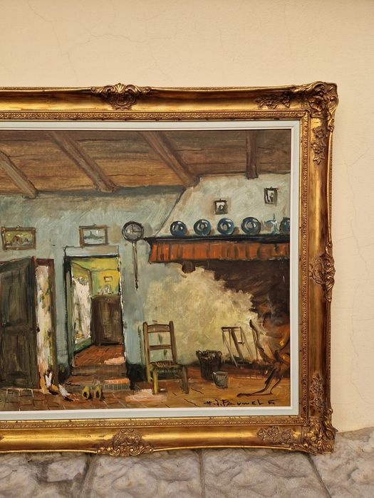 Прекрасна голяма антикварна белгийска картина масло върху платно