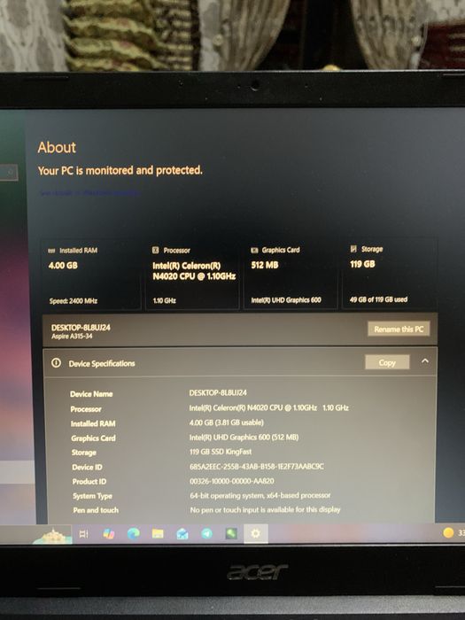 Noutbuk Acer intel inside