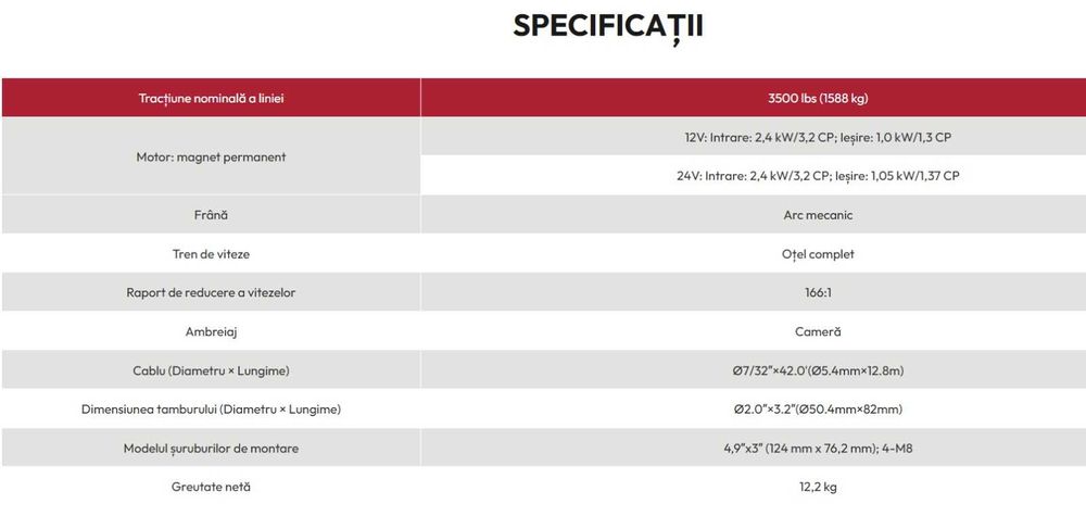 Troliu electric RUNVA RISE35 3500 lbs 1588 kg 12V