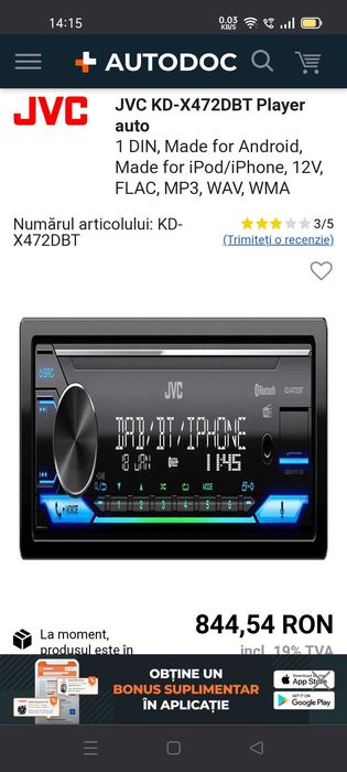 Radio-Casetofon Mașină JVC  Nou-Nouț USB+Tel. (Bluetooth)
