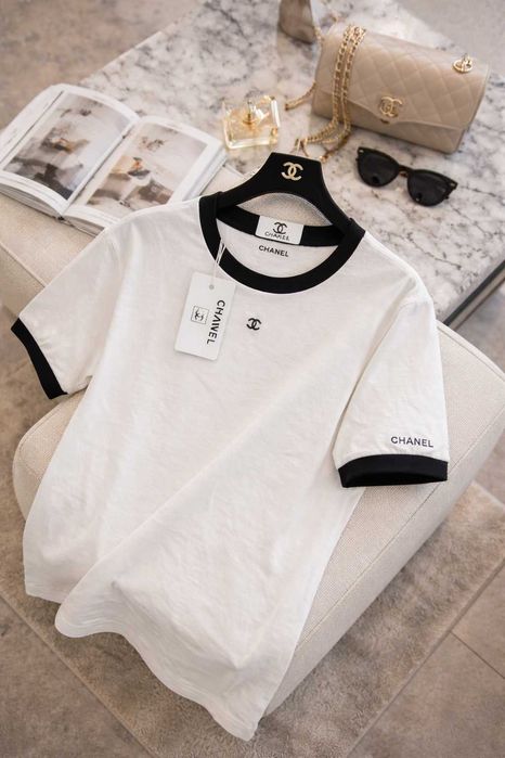 бяла тениска шанел с черно къс ръкав chanel нова памук блуза топ