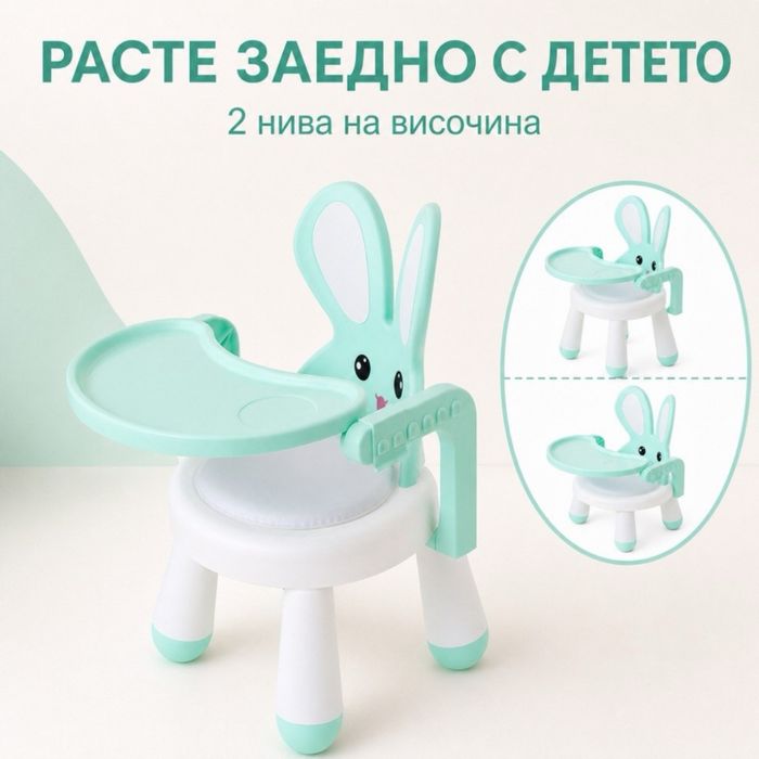 Детско столче с масичка за хранене и игра, ментово, зайче
