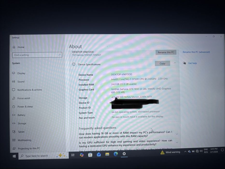 Laptop ASUS Gaming i7-9750H, 24GB RAM, GTX 1650, SSD NVMe 512GB,144Hz