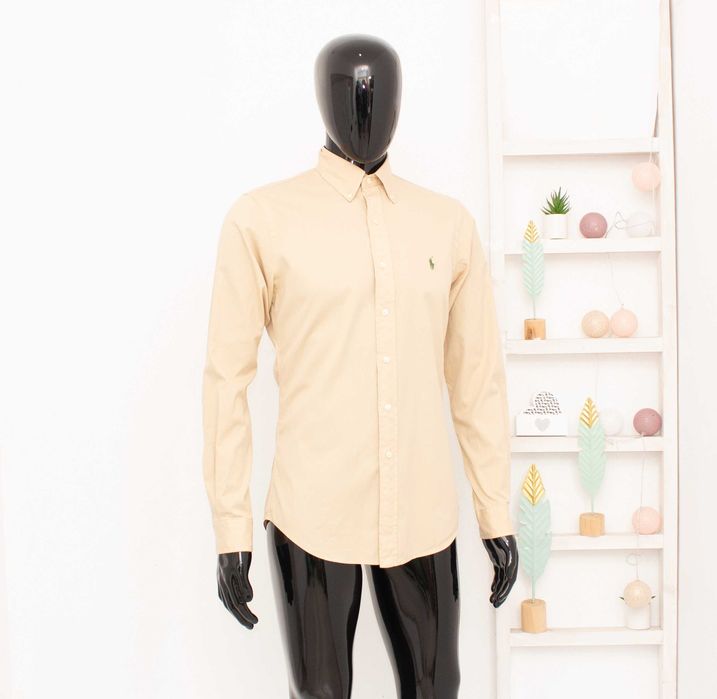 Ralph Lauren оригинална мъжка риза бежова зелено лого Slim Fit Feather Weight Twill S