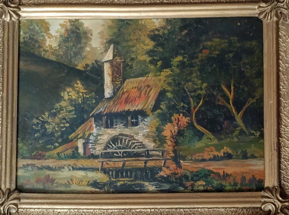 Tablouri, peisaje pe hârtie carton, unul mic pe panza, goblenuri