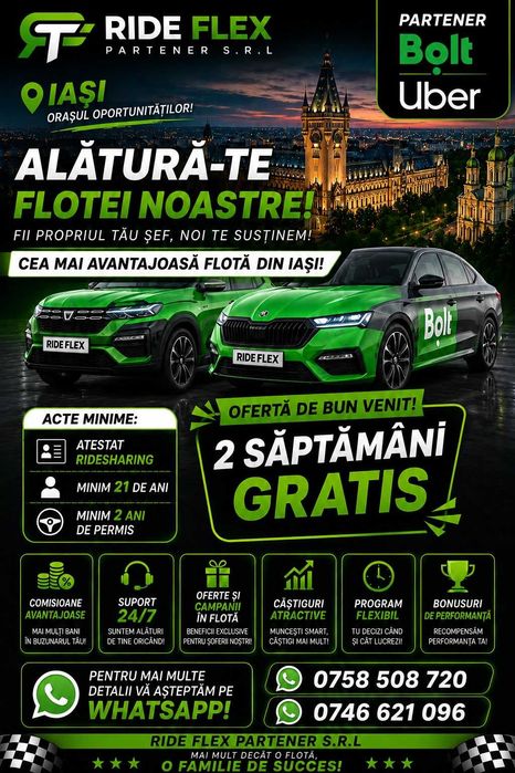 Sofer Uber/Bolt - I iasi I - 2 SAPTAMANI GRATIS - COMISIOANE DE LA 8% !