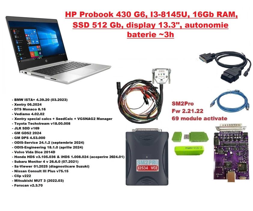 HP Probook 430 G6 + Scanmatik 2 Pro, Passthru J2534 Odis Ista Xentry DTS Monaco Vediamo MUT3 SDD Clip Consult HDS