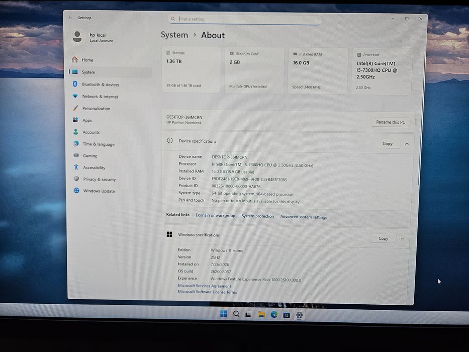 HP Pavilion Notebook 17-ab201nq – i5-7300HQ, GTX 1050, 16GB RAM