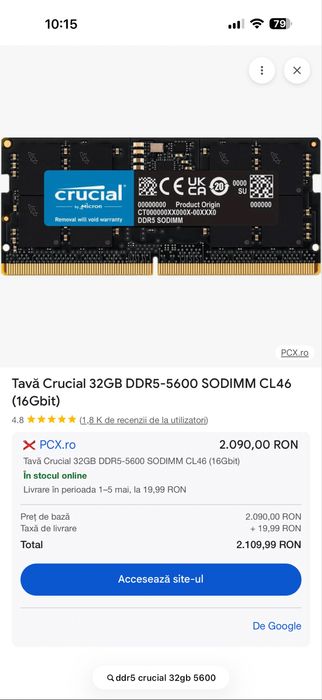 Kit RAM laptop 32GB DDR5 5600MHz Crucial (2x16GB) – Nou, sigilat