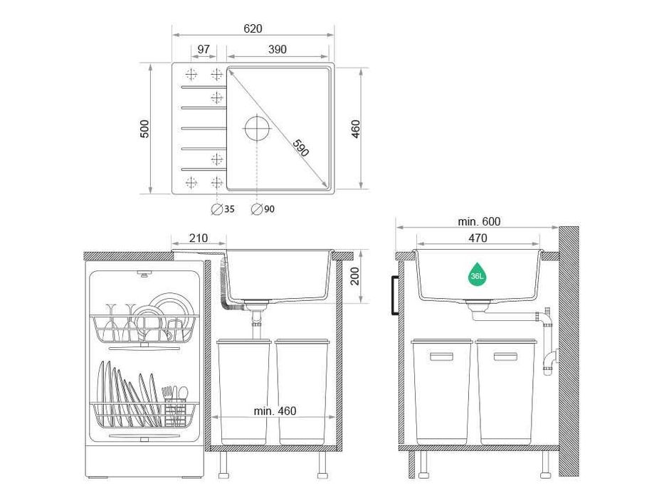 Бежава кухненска гранитна мивка Копенхаген 50 Top 620х500