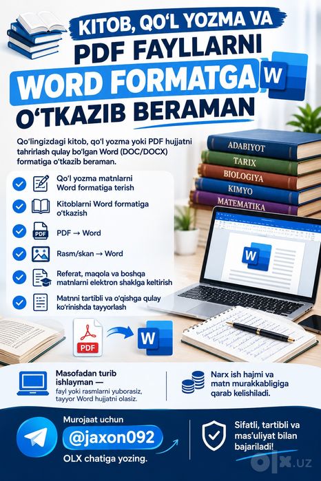 Kitob, qo‘l yozma va PDF dan WORD ga matn teraman.