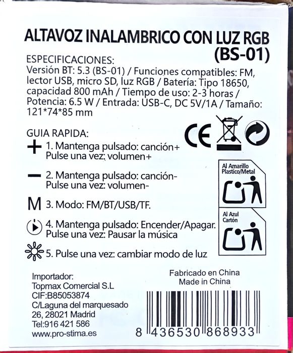 "Boxă Bluetooth BS-01 Portabilă RGB LED Wireless"
