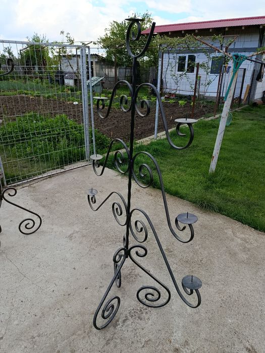 Suport decorativ din fier forjat, vaze sticlă, suport trei etaje flori
