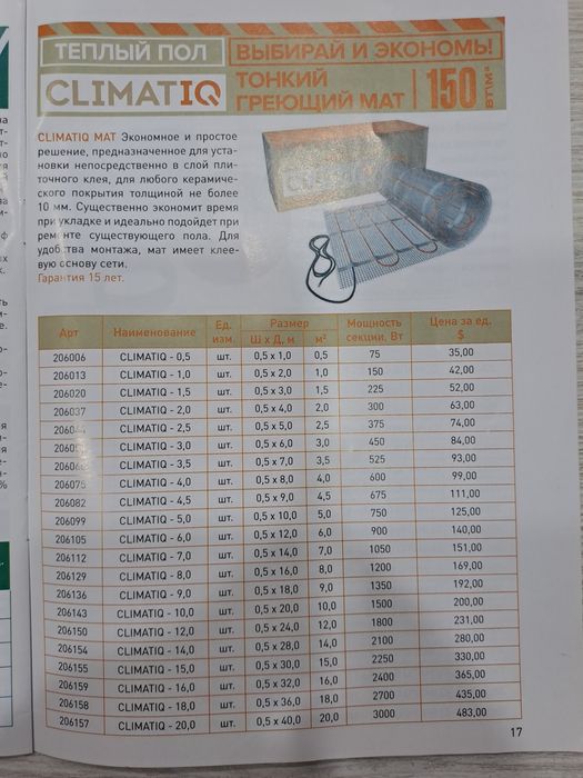 Тёплый пол ClIMATIQ MAT 150вт/м2