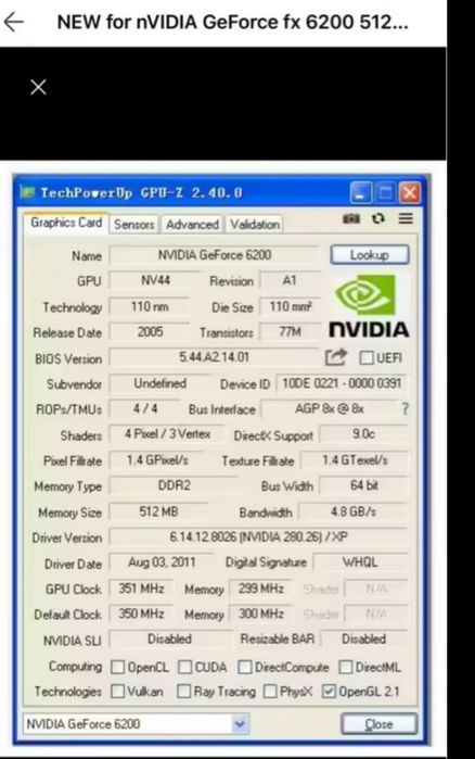 placa grafică nvidia fx 6200,AGP, 512MB, 4,8GB/s