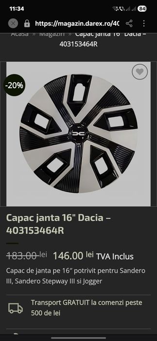 Vand 2 capace R16 originale Dacia Logan Sandero 2024