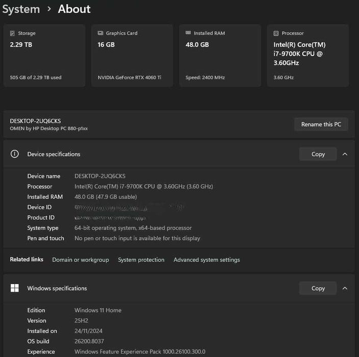 PC Gaming RTX 4060 Ti 16GB / 48GB RAM / 2.7TB – HP OMEN - negociabil