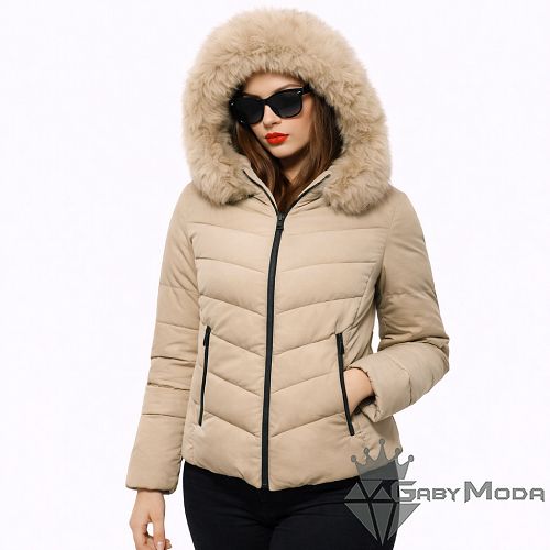 Дамско вталено зимно яке с пух и качулка в два цвята