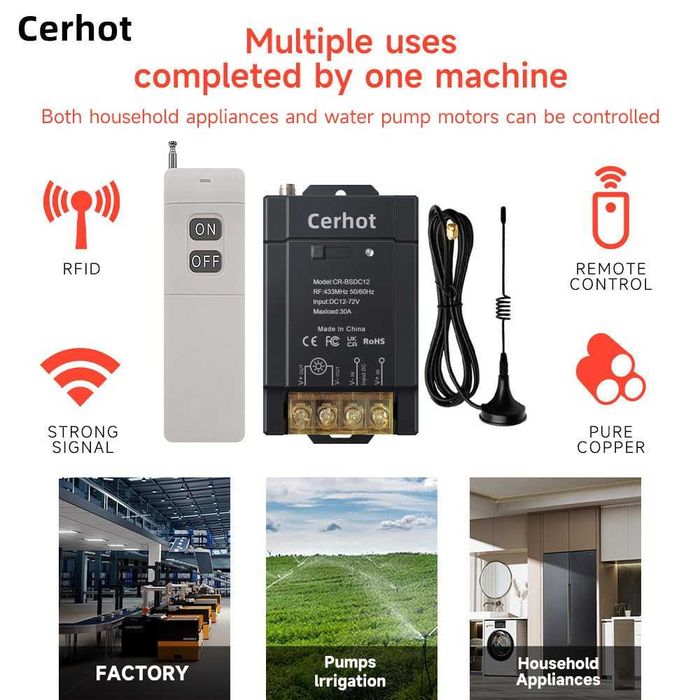 Cerhot YL01A-220 безжично реле с 2 дистанционни 12V-72V 30A 3000м