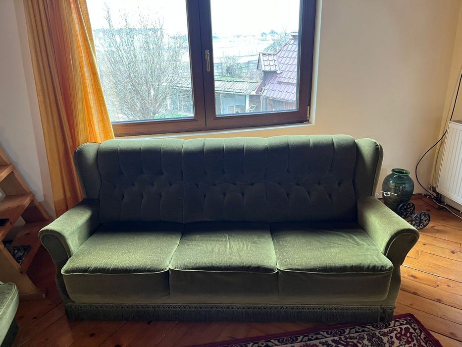 Canapele catifea si fotoliu retro/vintage kaki