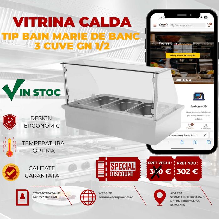 Vitrina Calda De Banc Inox (BAIN MARIE) 2,3,4,5,6 Cuve PE STOC