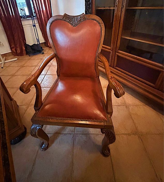 Mobilier birou lux stejar masiv și nuc sculptat – Birou  + bibliotecă + scaune + masa rotunda- stil baroc