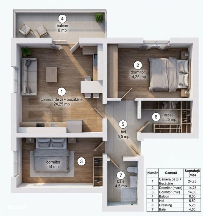 Apartament cu 3 camere, dressing si balcon, etajul 1 — fotografia 1