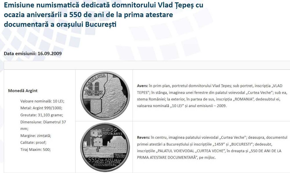 Moneda BNR 10 lei argint Vlad Tepes gradata NGC PF 70 Ultra Cameo