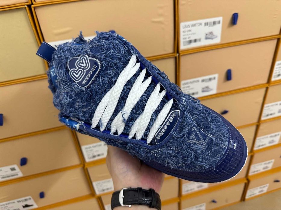 Louis Vuitton LV Trainer Maxi Sneaker Dark Blue Distressed Denim.
