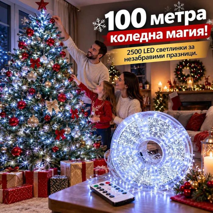 Коледни LED лампички на макара – 100 м, 2500 LED, студена бяла светлина, 8 режима и дистанционно управление