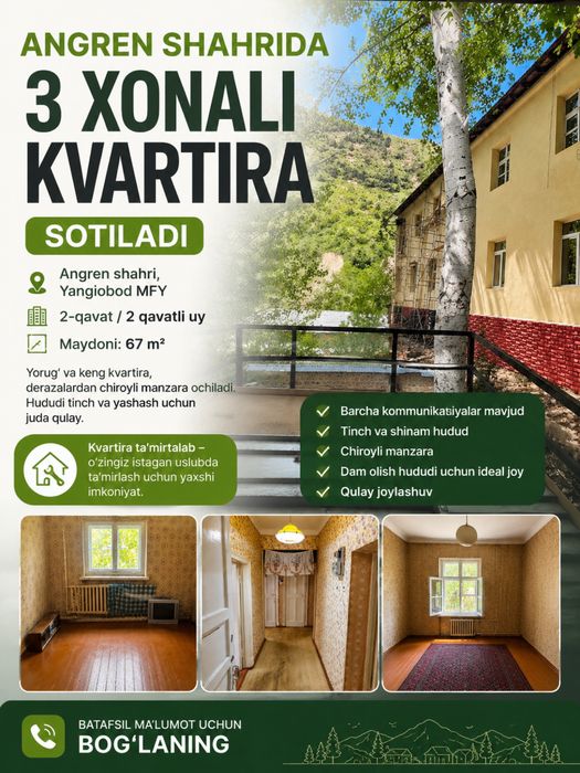 Angrenda 3 xonali kvartira — tezkor sotuv!