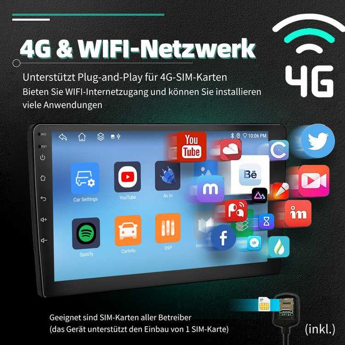 10” 2-DIN мултимедия с Android 14, 4G/LTE, RDS, 6/128GB,