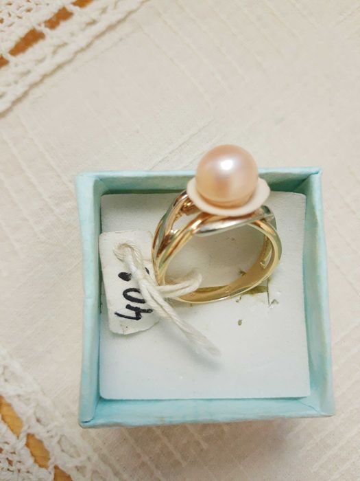 Пръстен,14 К,бяло,жълто златоРозова перла/ Мида,уникален,ръчен модел