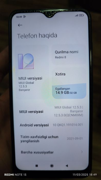 Redmi 8 xotira 32/4 GB Ram 3