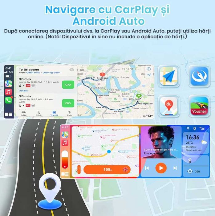 Navigatie GPS 1DIN  Wireless CarPlay & Android Auto | Cameră Marșarier Inclusă