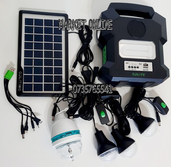 Kit solar portabil Gdlite GD 1000A bluetooth USB MP3 Radio FM 4 becuri