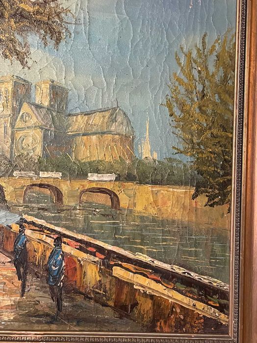 Tablou vechi ulei pe panza - Vedere Notre Dame Paris - rama aurie