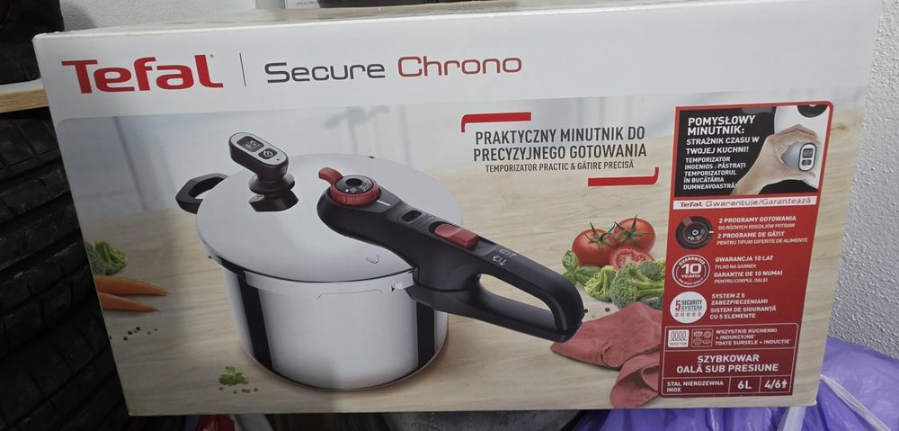 Oala sub presiune TEFAL Secure Chrono, 6l, inox, argintiu. Produs nou.