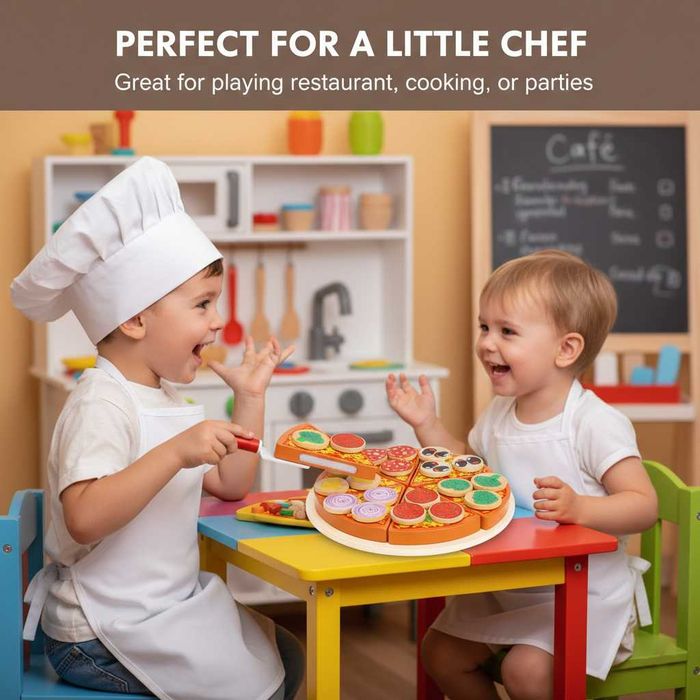 Set pizza din lemn 27 piese jucarie de rol copii cu accesorii si blat