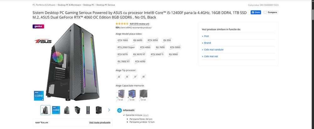 PC Gaming Serioux Powered by ASUS | i5-12400F, 16GB RAM, RTX 4060 8GB, 1TB SSD