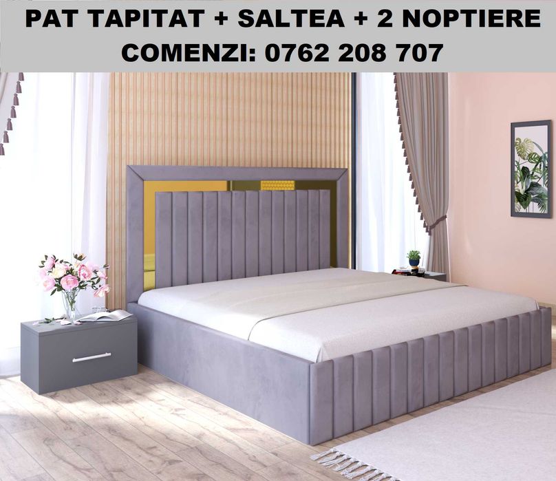 Paturi Tapițate Ieftine cu Saltea, Gri Maro Negru Verde Alb, D28