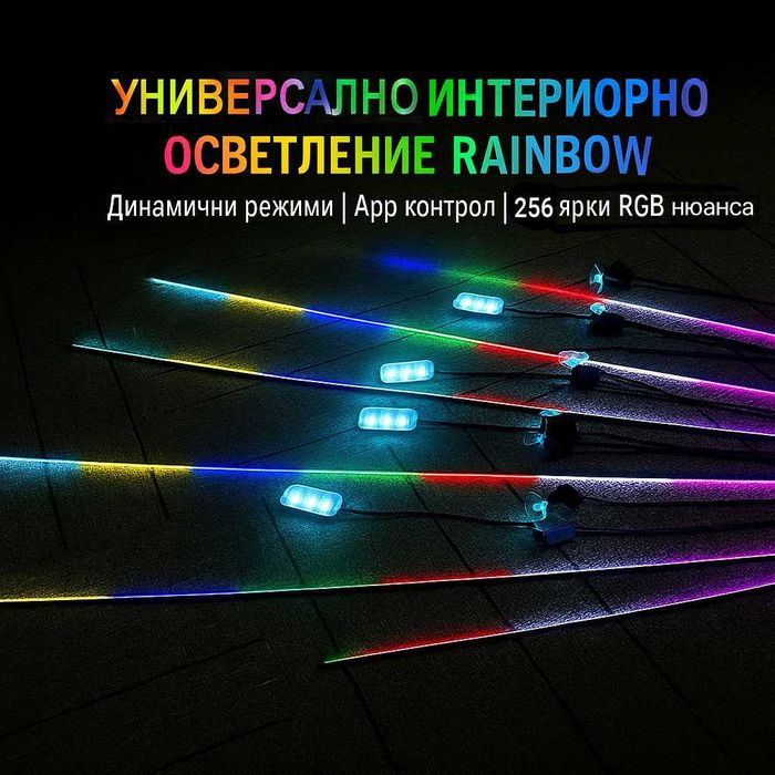 RAINBOW LED амбиентно осветление за автомобили с RGB 256 цвята, 10 в 1
